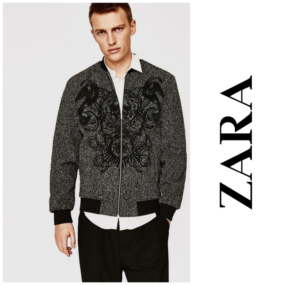 Zara Black and Gray Embroidered Bomber Jacket